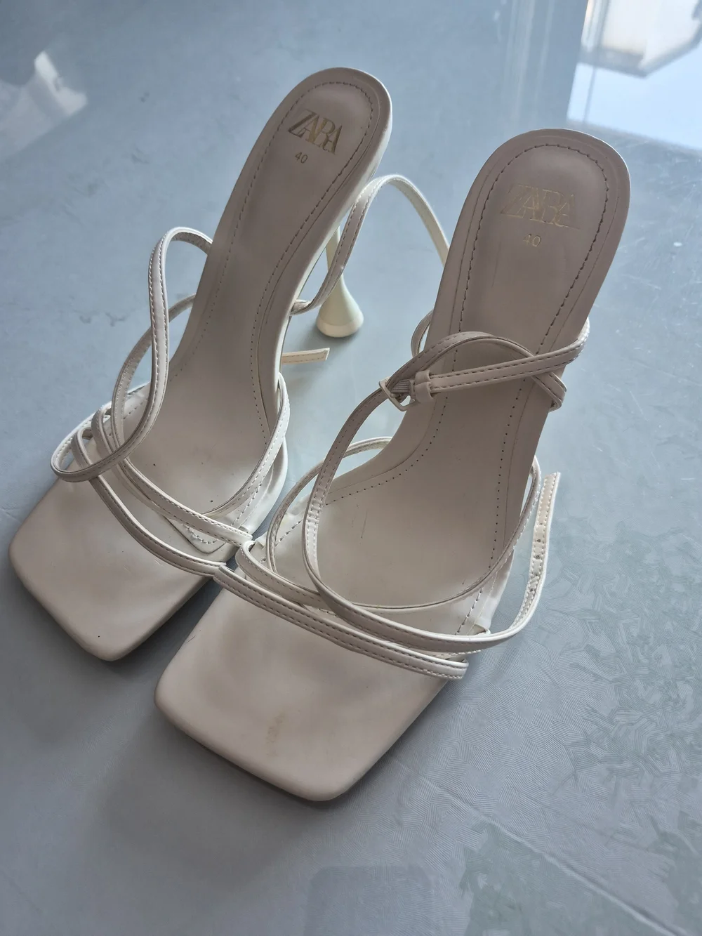 ZARA Off-White Strappy Square-Toe Stiletto Sandals - Picture 1 of 1
